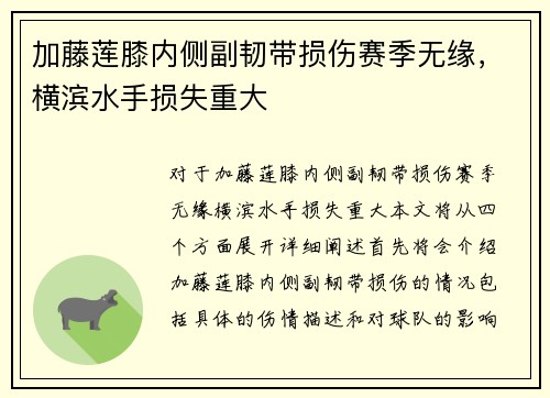 加藤莲膝内侧副韧带损伤赛季无缘，横滨水手损失重大